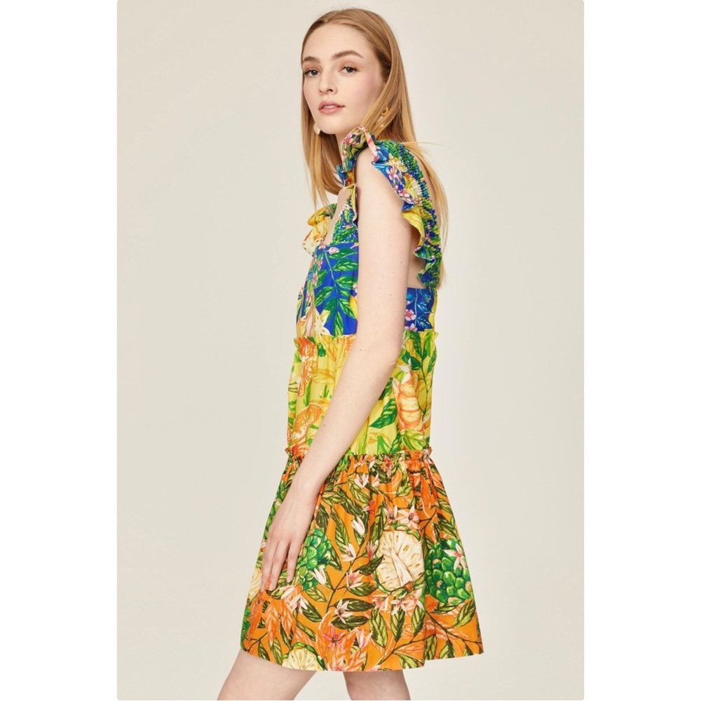 FARM Rio Caipirinha Green Yellow Vibrant Print Tiered Sleeveless Mini Dress - XL - Picture 11 of 14